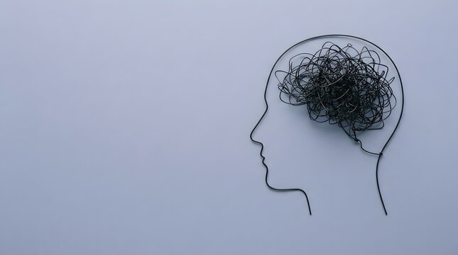 A conceptual illustration of a human head silhouette filled with dark tangled lines representing psychological struggles and complex thoughts for world mental health day awareness