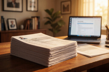 Obraz premium Stack of resumes, CV papers on wooden desk in home office. Laptop computer works in background with warm sunlight. HR manager reviews job applications for recruitment process. Career search,