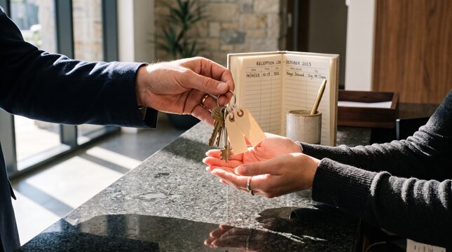 Labeled key set changes hands during front desk shift transfer