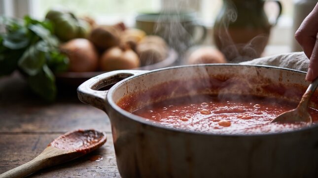 Close detail of rich tomato sauce with steam and resting spoon