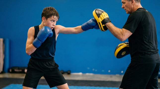 Young boy practicing boxing punches with coach in training gym  