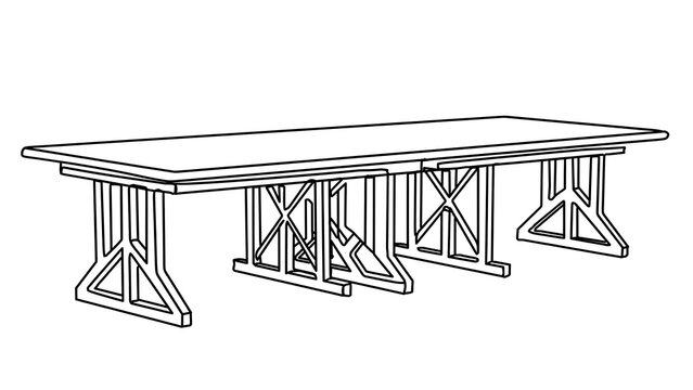 Rustic wooden trestle table white background.