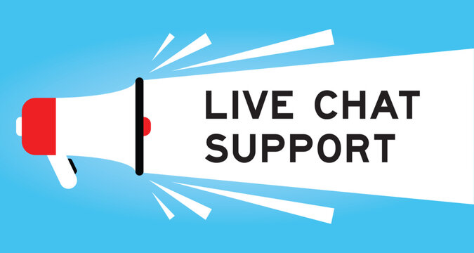 Color megaphone icon with word live chat support in white banner on blue background