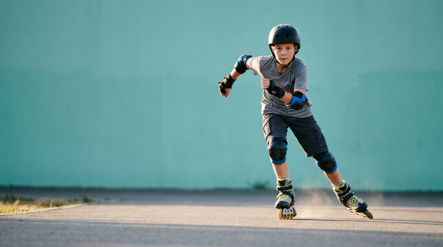 Young boy inline skating on a smooth path with protective gear  