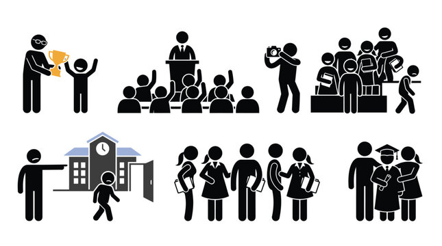 School life vector illustration showing stick figures in various educational activities for academic design projects