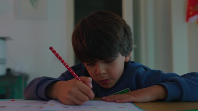 Boy completing pencil exercises in school workbook at home table, showing focused attention, academic progress, fine motor development and steady determination to learn