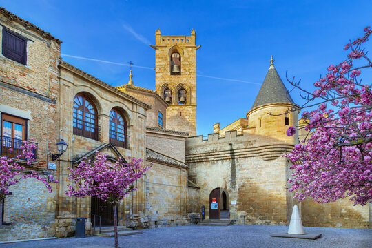 Palace of the Kings of Navarre in Olite, Spain, side view. Gothic castle bell tower with pink cherry blossom in foreground