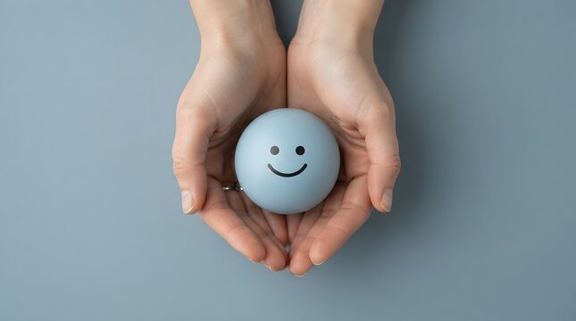 Hands gently holding a small blue ball with a happy smiling face to promote awareness and support during the annual world mental health day event