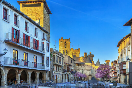 Palace of the Kings of Navarre in Olite, Spain, street view. Medieval town architecture perspective with gothic castle