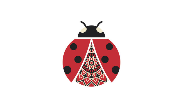 Beautiful red ladybug featuring detailed decorative mandala pattern on its shell isolated on white background.