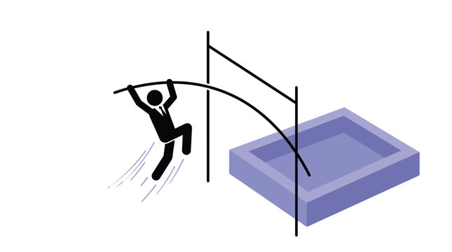 Business professional performing pole vault jump in this minimalist vector illustration for modern corporate success concepts