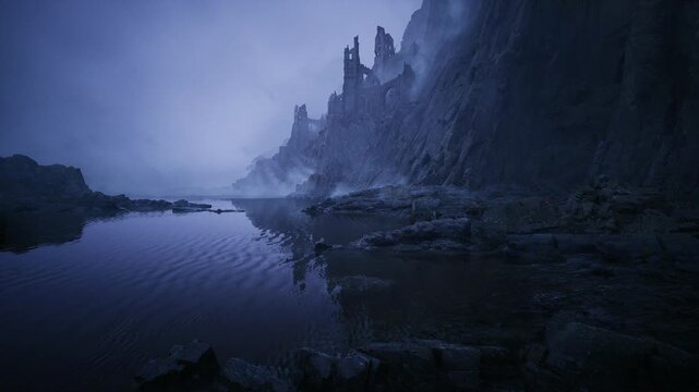 scouts viewpoint across misty inlet and ruins, rocky tidal flats reflecting pale sky, sense of reconnaissance, mapping and discovery in atmospheric coastal