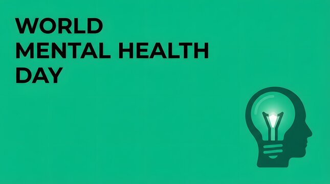 A minimalist graphic design poster for world mental health day featuring a lightbulb shaped like a human head on a solid green background color template