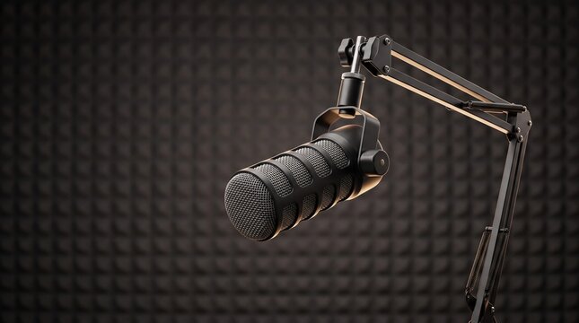 Professional studio microphone on an adjustable arm in front of acoustic foam padding for podcast recording