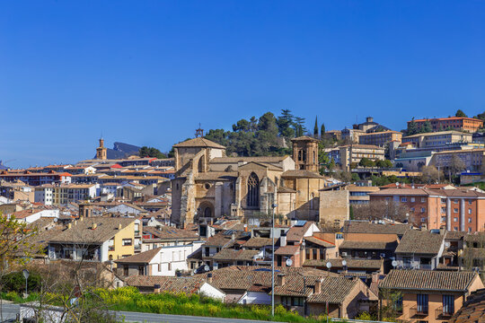 Estella Lizarra city view with San Miguel Church, Spain, panorama. Historic townscape with medieval religious architecture