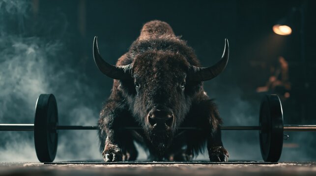 Bison Lifting Weights in Gym - Strength and Power Concept