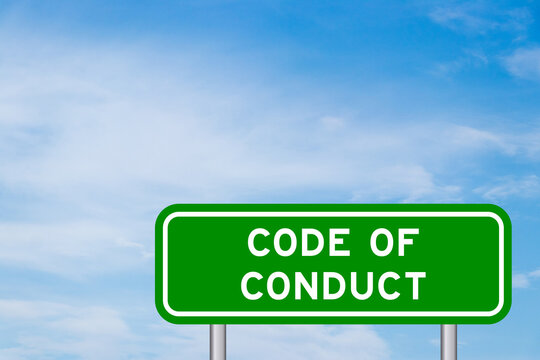 Green color transportation sign with word code of conduct on blue sky with white cloud background