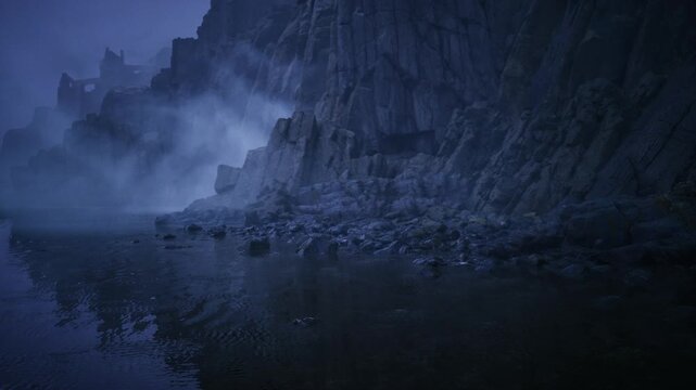 Moonlit rocky cliffs shrouded in mist, silent tidal pool reflecting jagged silhouettes, cool blue palette, cinematic atmosphere, sense of mystery.