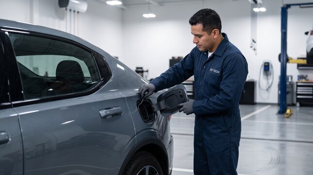 Mechanic checks charging port seal on an electric fleet car
