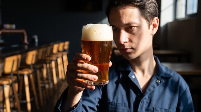 Bartender inspects foam quality in the first glass of the shift