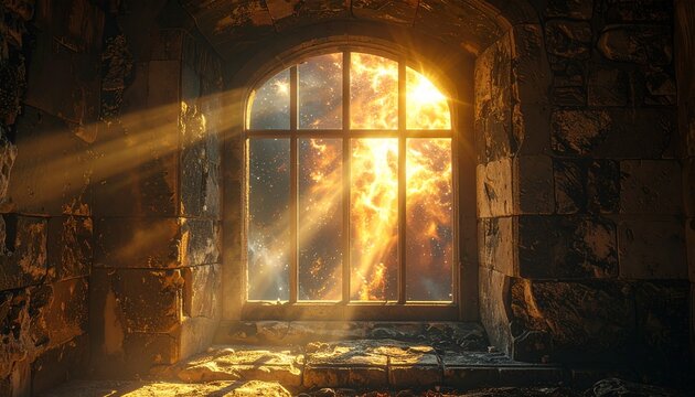 Sunlight Streaming Through Old Arched Window.