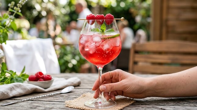 A hand holding a cold pink raspberry cocktail in a wine glass with ice cubes on a wooden table at a sunny outdoor cafe