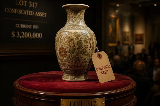 An antique vase on an auction podium with a confiscated asset tag, solemn gallery atmosphere.