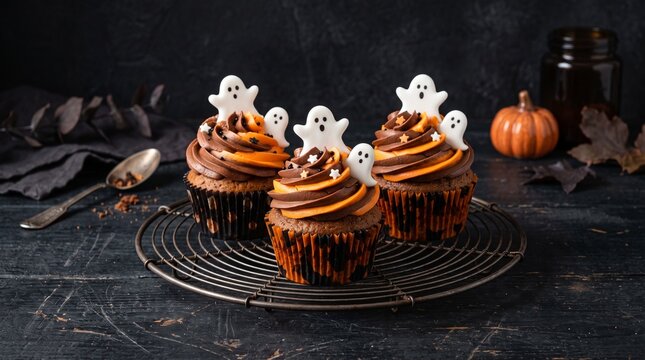 Three chocolate cupcakes decorated with ghosts for a halloween party