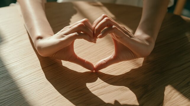 Woman's hands forming a heart shape, symbol of love and care, with soft light and shadow