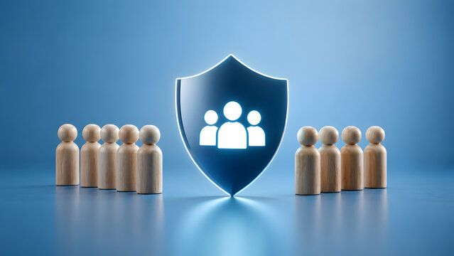 Glowing blue shield with team icon standing between wooden figures representing customer data privacy employee safety and social security