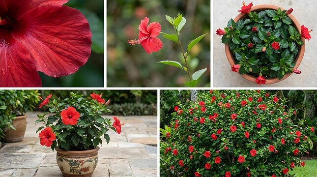 Collage of beautiful red hibiscus flowers blooming in pots and in a garden setting on a bright sunny summer day