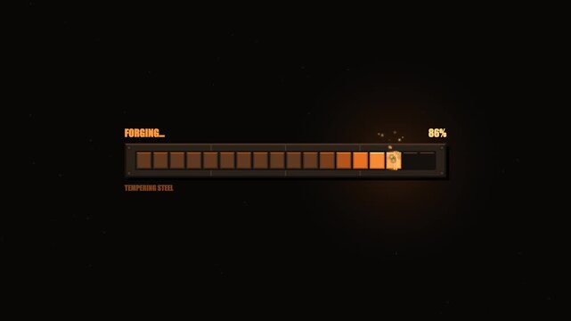Medieval blacksmith game loading bar with molten metal, glowing embers and segmented progress animation. A unique fantasy UI concept for RPG games, loading screens and gaming visuals.