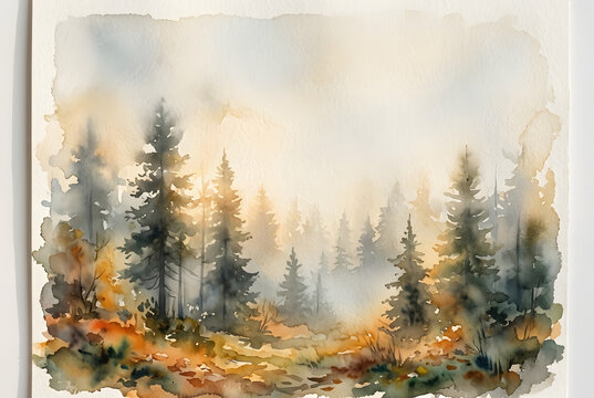 Ethereal watercolor painting of misty pine forest