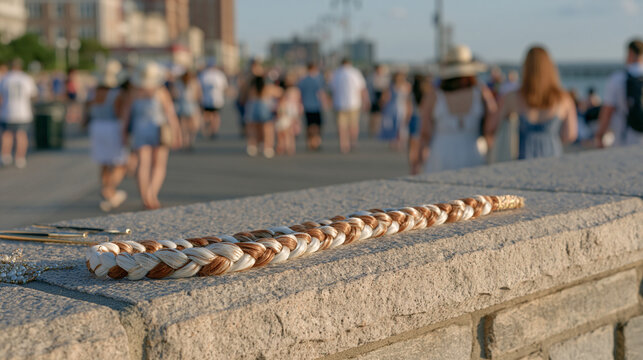 A single ornate hand braided extension lies on a stone ledge near a busy beach boardwalk, discarded mid session, hair tools and small beads scattered beside it as crowds of