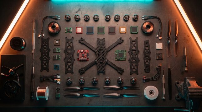 FPV drone building parts laid out on workbench, carbon fiber frame with electronic components and tools, overhead flat lay with neon lighting