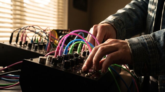 Musician hands patching cables on modular synthesizer, electronic music production in home studio, creative sound design process