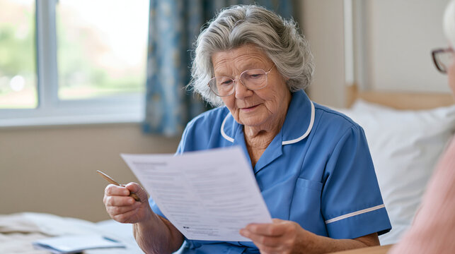 Elderly nursing aide in a care home sits at a resident's bedside under an overcast window sky, a candid moment caught as she unconsciously turns a hand-turned wooden pen between