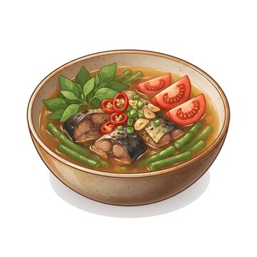 Indonesian Fish Soup Pindang Patin Bowl with Tomato Chili Basil Isolated on White Background, Generative AI
