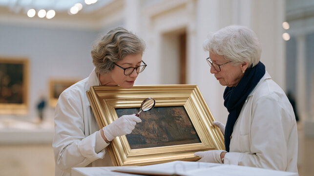 An art conservator under twilight blue hour museum lighting carefully examining an aged oil painting for immune system metaphor messaging, magnifying loupe in hand, elderly