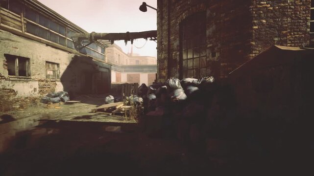 muted courtyard of abandoned brick warehouses at dusk, atmospheric scene with low light, distant catwalks, scattered debris and worn masonry creating nostalgic