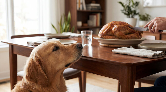 Golden Retriever Begging for Roasted Turkey at Thanksgiving Dinner Table