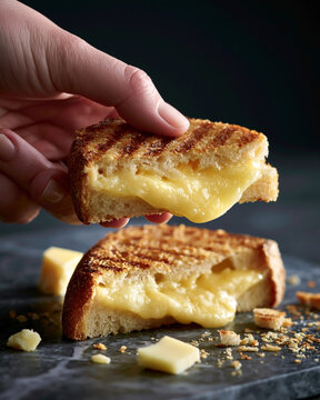 Hand holding grilled cheese sandwich with melted cheese and crispy toasted bread on dark background