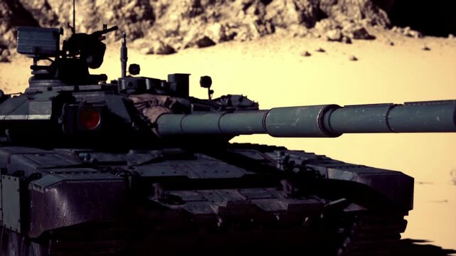 Side profile tank on desert recon mission, antenna and equipment visible, surveillance optics deployed, crewless silhouette suggests unmanned scouting or remote