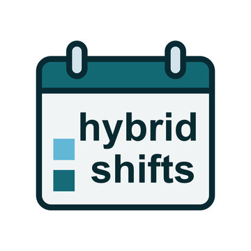 Calendar icon with 'hybrid shifts' text for flexible work scheduling.