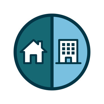 Split circular icon contrasting house and office building symbols.