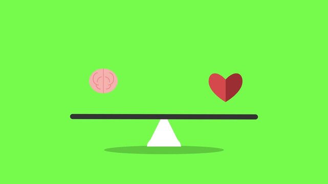 Animation of heart and brain icons balancing on a see-saw, representing logic versus emotion