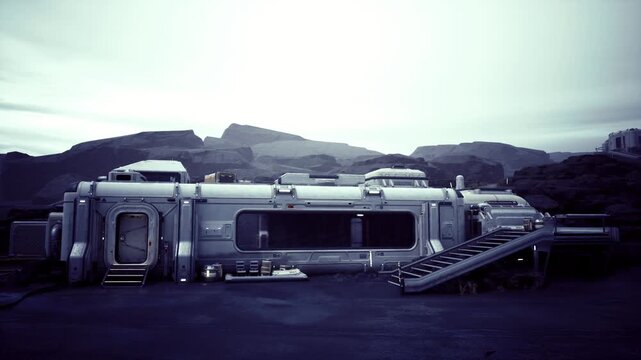 Futuristic transport module on barren plain, elongated metallic hull with extended boarding ramp, distant rocky mesas under cold blue dusk, solar arrays