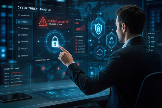 business professional analyzing cyber threats on digital holographic interface with futuristic security icons cyber threat analysis malware attack detection corporate cybersecurity monitoring