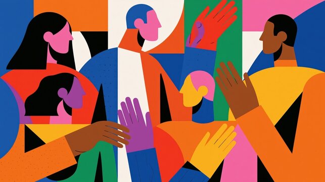 Diverse People Connecting, Communication, Teamwork, Abstract Art Style