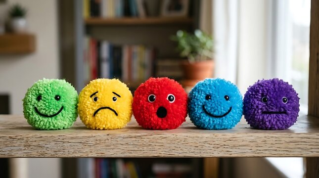 Colorful plush emotion balls with facial expressions representing various human feelings